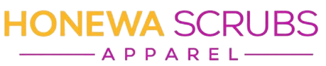 HONEWA SCRUBS apparel logo in orange and purple, with a purple underline.