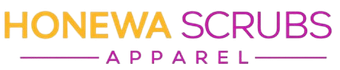 HONEWA SCRUBS apparel logo in orange and purple, with a purple underline.