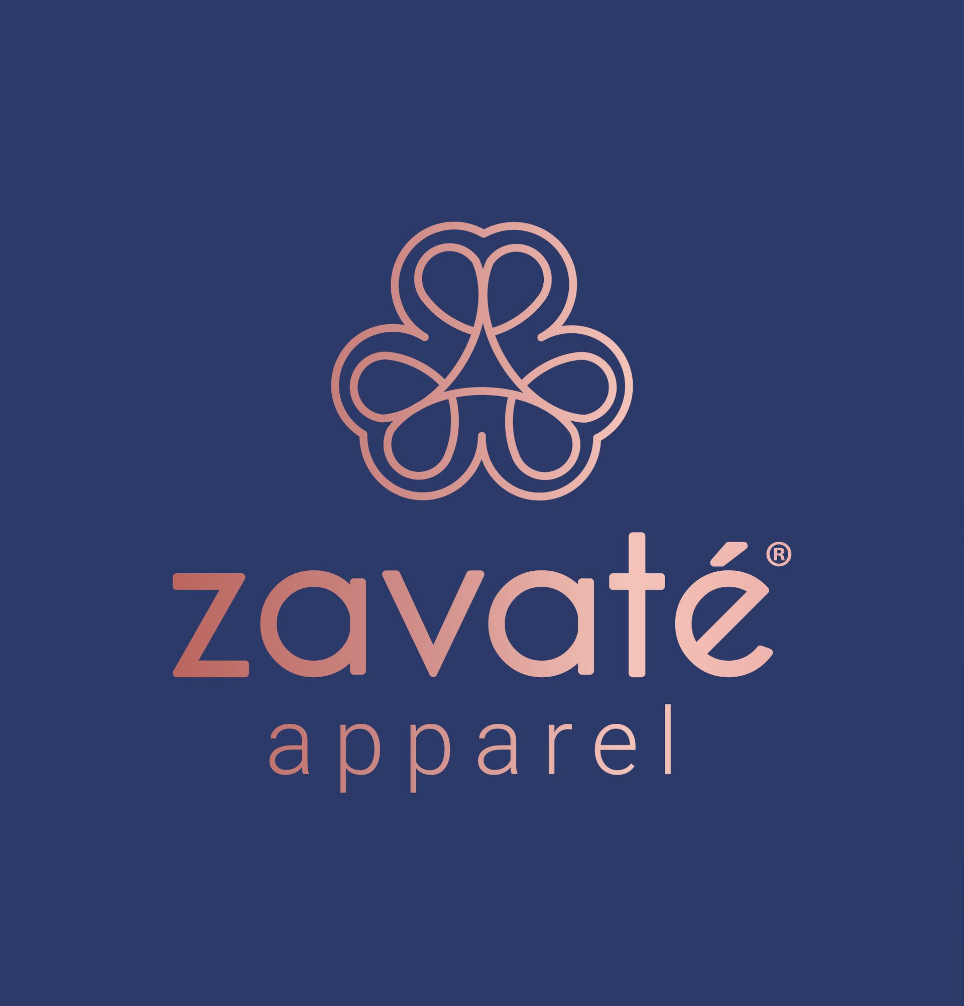 Rose gold logo for Zavaté apparel on a navy background. Features a flower-like emblem above the brand name.