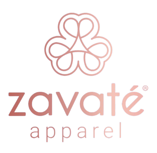 Logo for Zavaté Apparel: Rose gold floral design above brand name in matching font color; "apparel" below.
