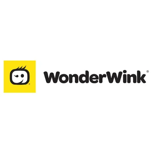 Yellow square logo with a winking face and the words 
