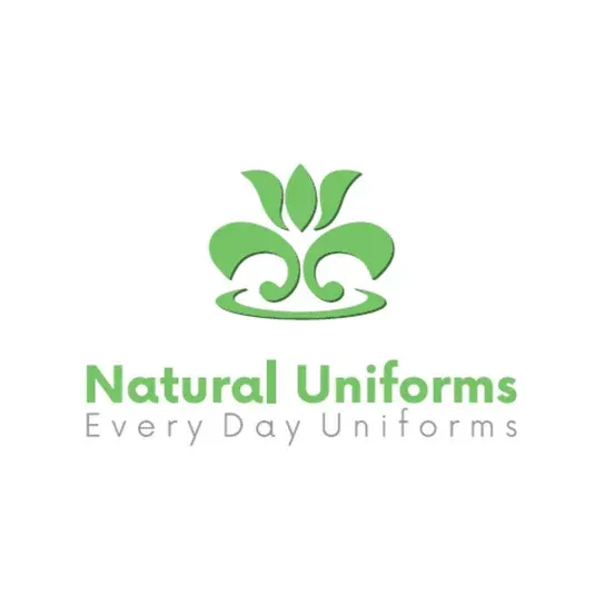 Logo for Natural Uniforms with green stylized floral design and text.