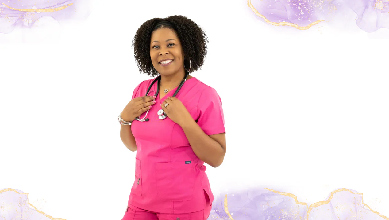 Woman in pink scrubs, stethoscope, smiling, with purple and gold design elements.