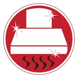 A red and white circle with a stove hood and smoke coming out of it A red and white circle with a stove hood and smoke coming out of it
