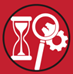 An hourglass , magnifying glass , and gear icon in a red circle. An hourglass , magnifying glass , and gear icon in a red circle.