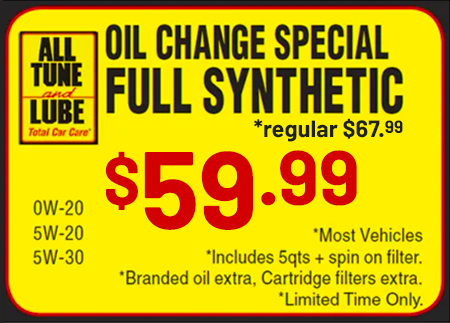 A yellow sign that says oil change special full synthetic for $ 59.99