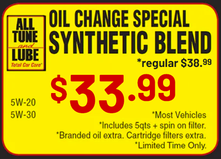 a yellow sign that says oil change special synthetic blend $33.99