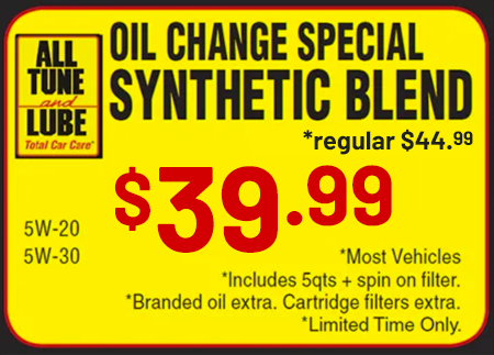 A yellow sign that says oil change special synthetic blend