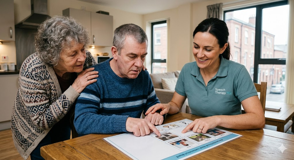 Therapist delivering communication therapy for a patient with caregiver present