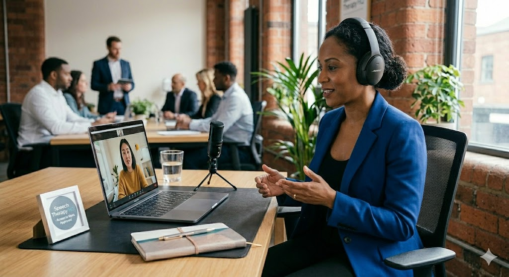 Therapist delivers telehealth, online speech therapy to patient in a professional workplace