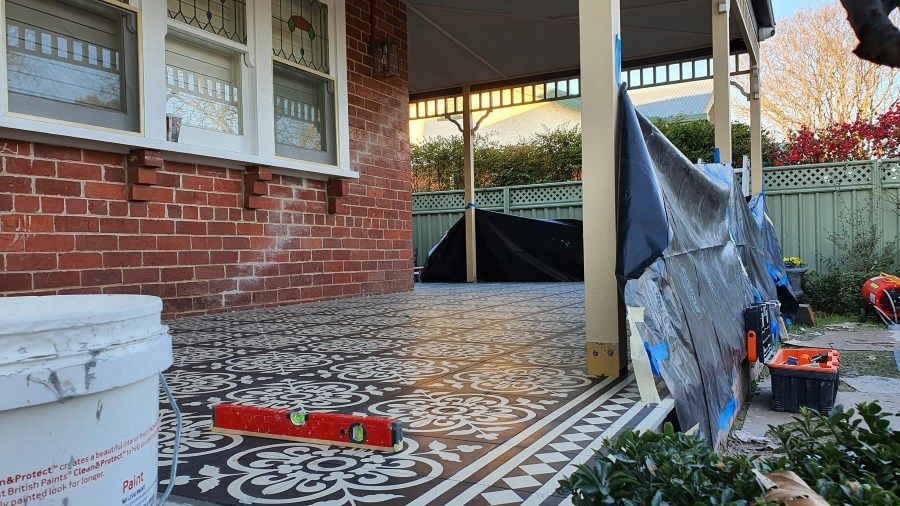 Porch With Patterned Tile Flooring, Red Brick — David Son Tiling in Springdale Heights, NSW