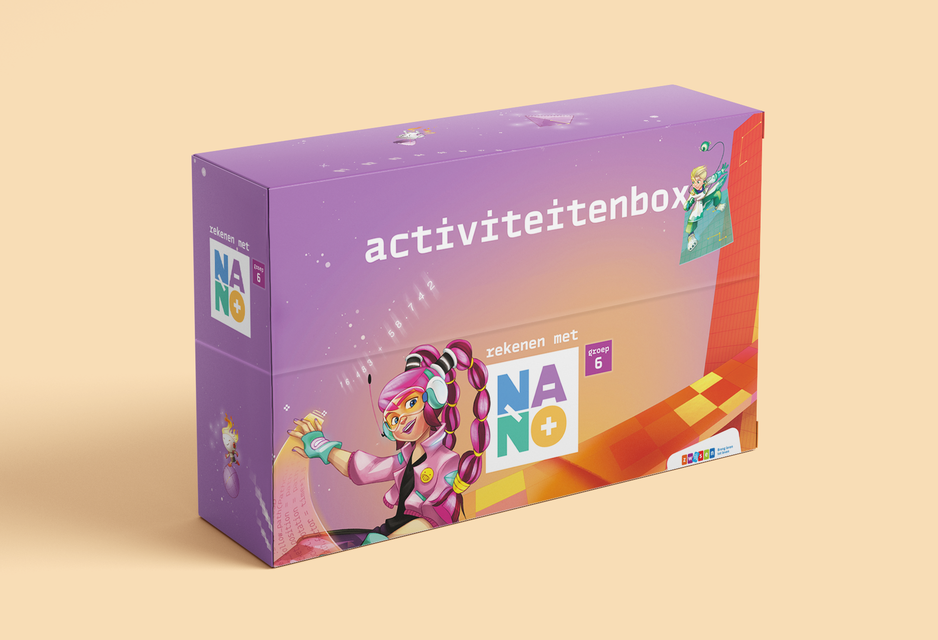 Een paarse, rechthoekige activiteitenbox met een stripfiguur op een lichtbruine achtergrond.