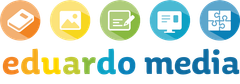 Een logo voor eduardo media met iconen erop