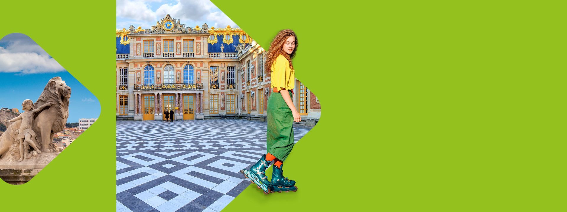 Een vrouw staat voor een gebouw met een koffer.