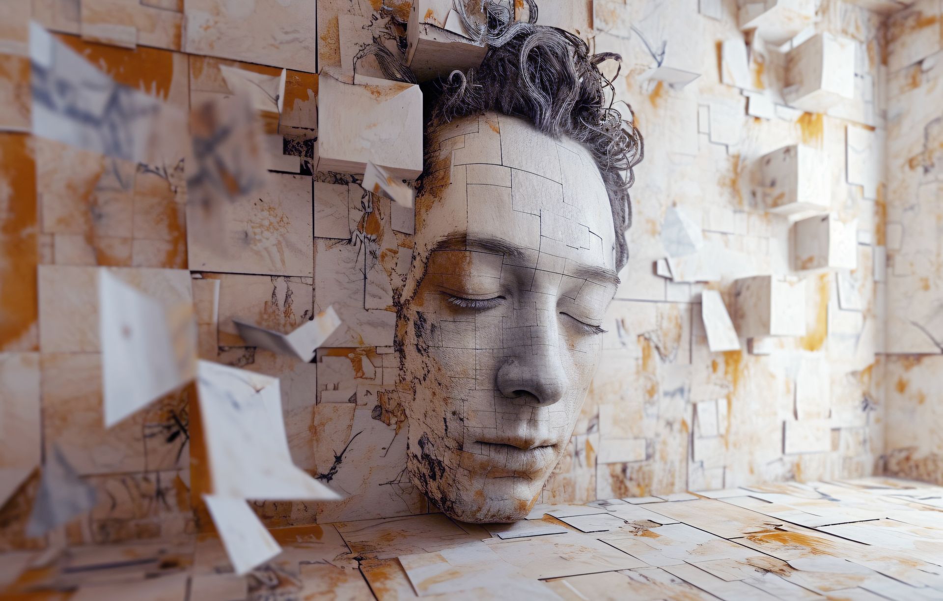 Een sereen gezicht doemt op uit een muur van lichtgekleurde, verweerde stenen blokken.