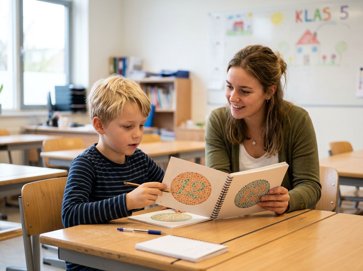 Een leraar zit met een leerling in een klaslokaal en bekijkt samen een kleurrijk, geïllustreerd lesboekje.