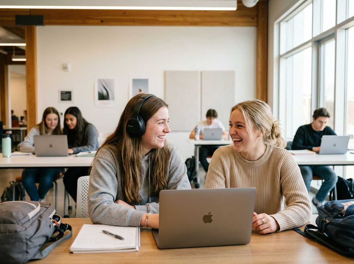 Studenten werken op laptops aan tafels in een helder verlichte studiezaal