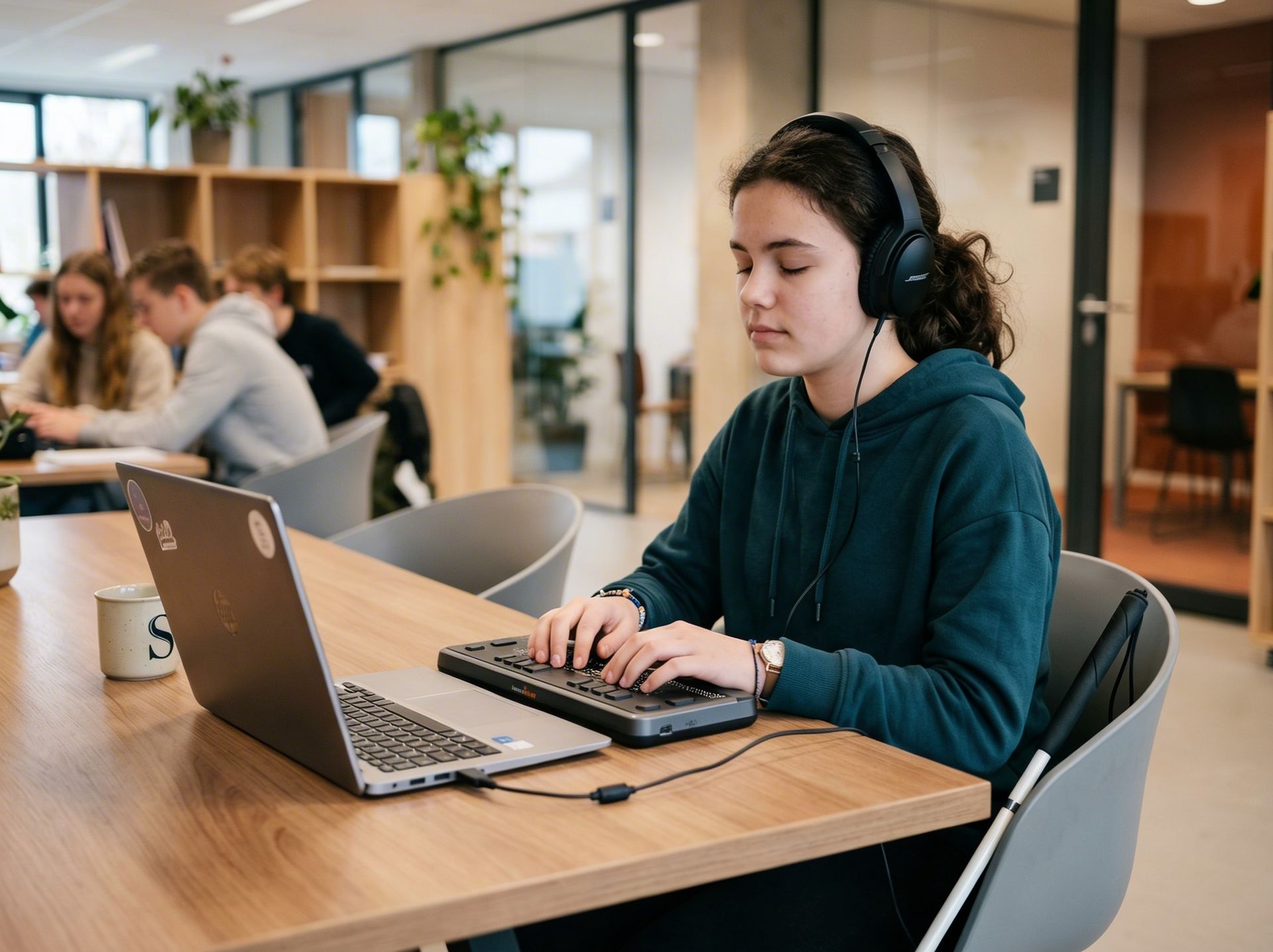 Een student met een koptelefoon gebruikt een laptop en een brailleleesapparaat in een lichte, moderne bibliotheek.