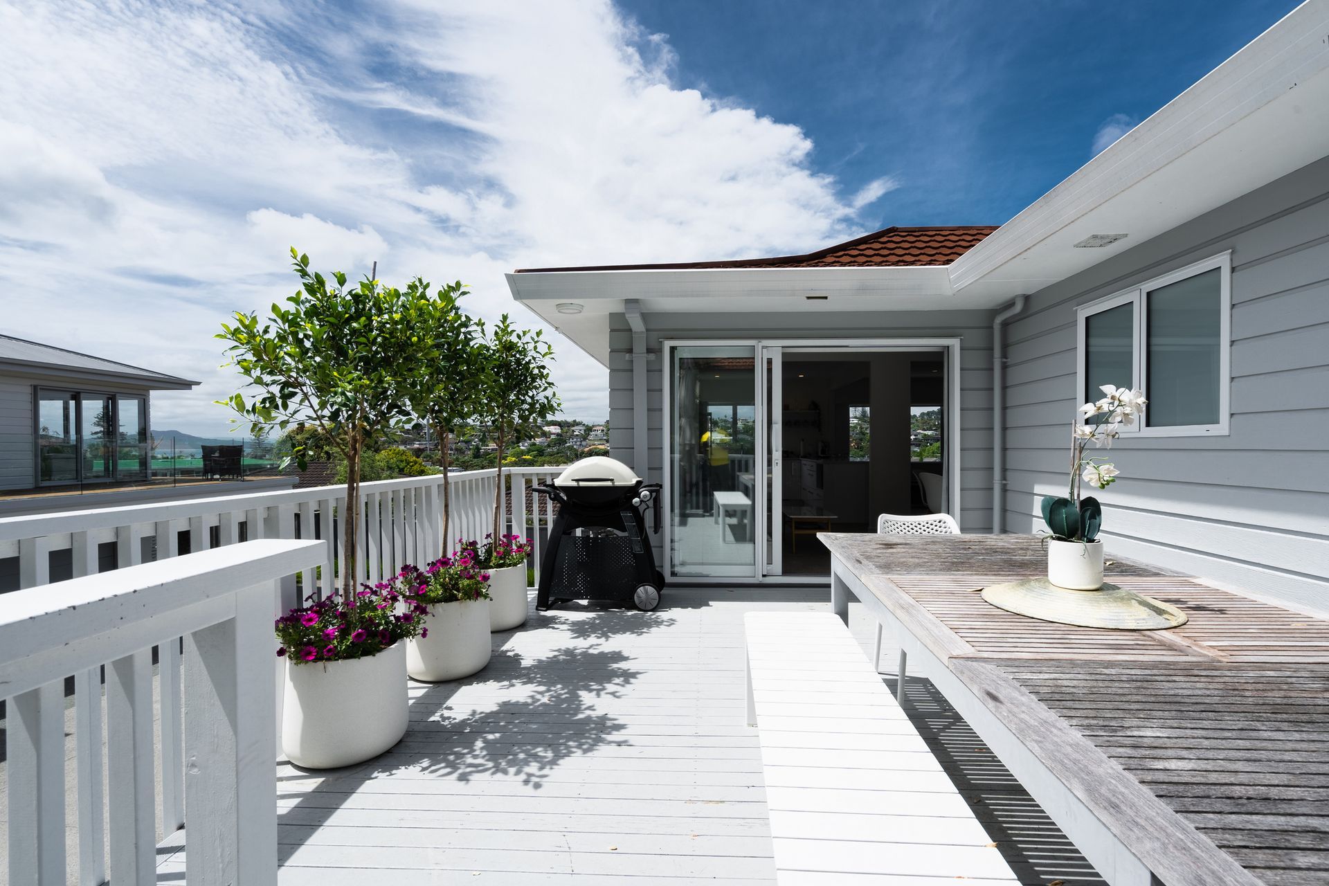 Outdoor deck with white railing and light gray siding, overlooking a view.