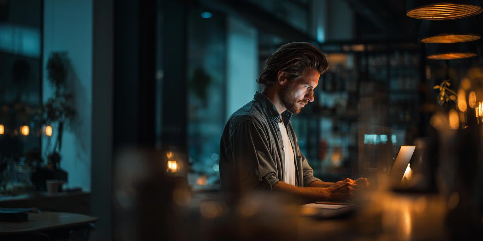A person works on a laptop in a dimly lit, modern office setting with warm ambient lighting at night.