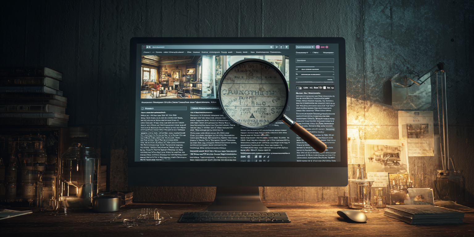 A magnifying glass focuses on a computer screen displaying a digital research page in a dim, cluttered study.