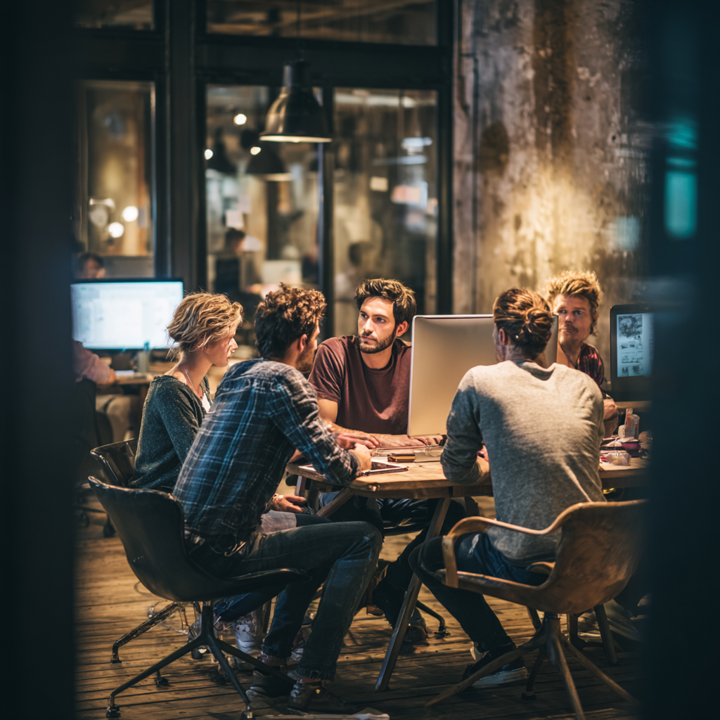 A group of people sitting around a table in a dimly lit office workspace, engaged in a collaborative discussion.