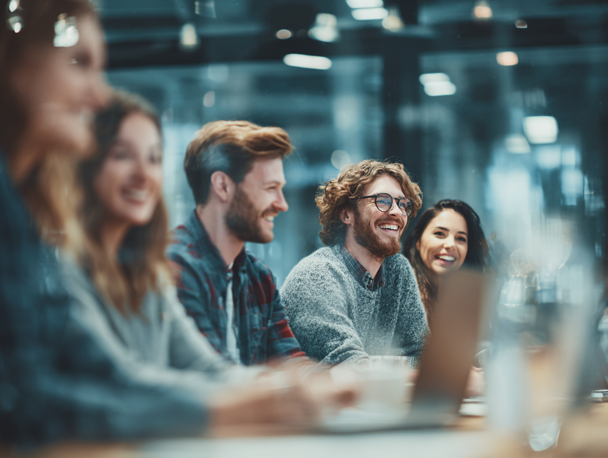 A group of people sitting at a table in a modern office, smiling and looking toward something off-camera.