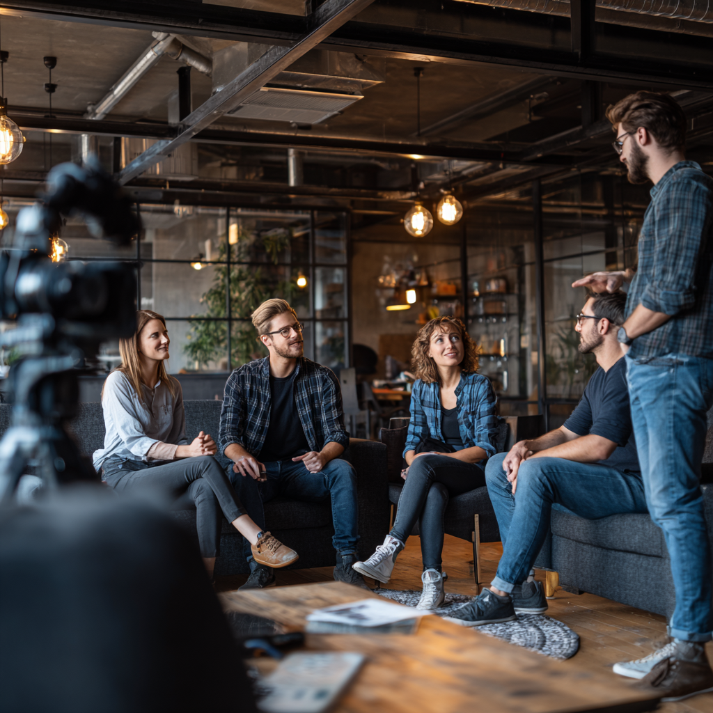 A group of people are filming a video in a modern, well-lit studio setting.