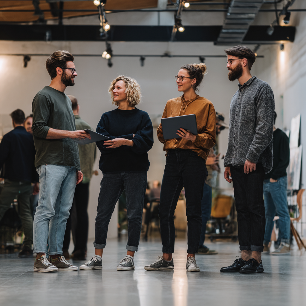 Four people standing in a bright, industrial-style office space, engaged in a professional conversation.