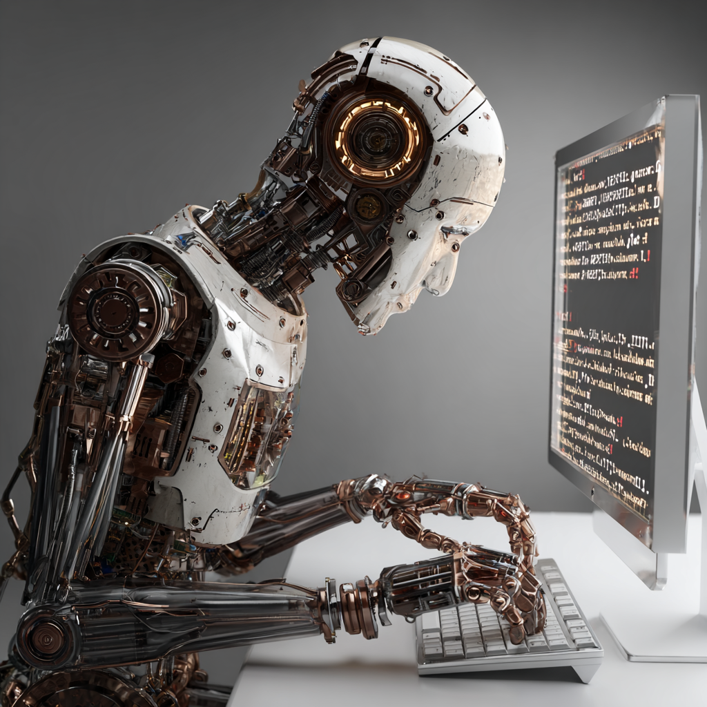 A white and bronze robot sits at a desk, typing on a keyboard while looking at code displayed on a computer screen.