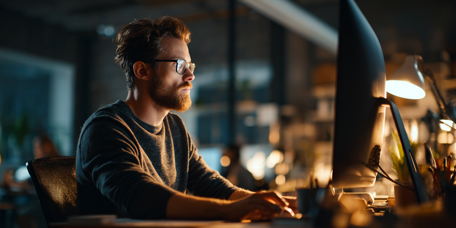 A person with a beard and glasses working at a computer in a dimly lit office at night.