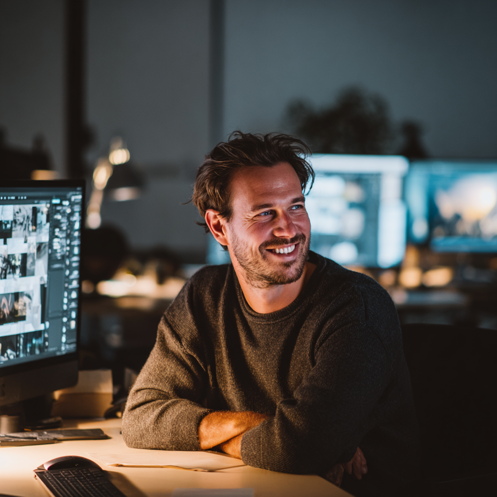 A smiling person with dark hair sits at a desk in a dimly lit office with computer monitors in the background.