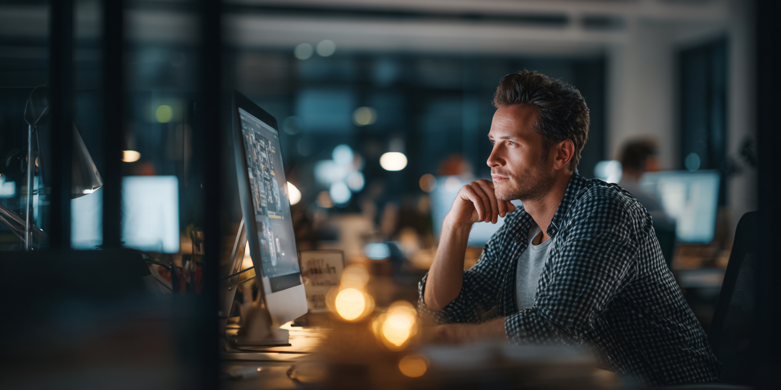 A person sits at a computer in a dimly lit office, looking thoughtfully at the screen while resting their chin on a hand.