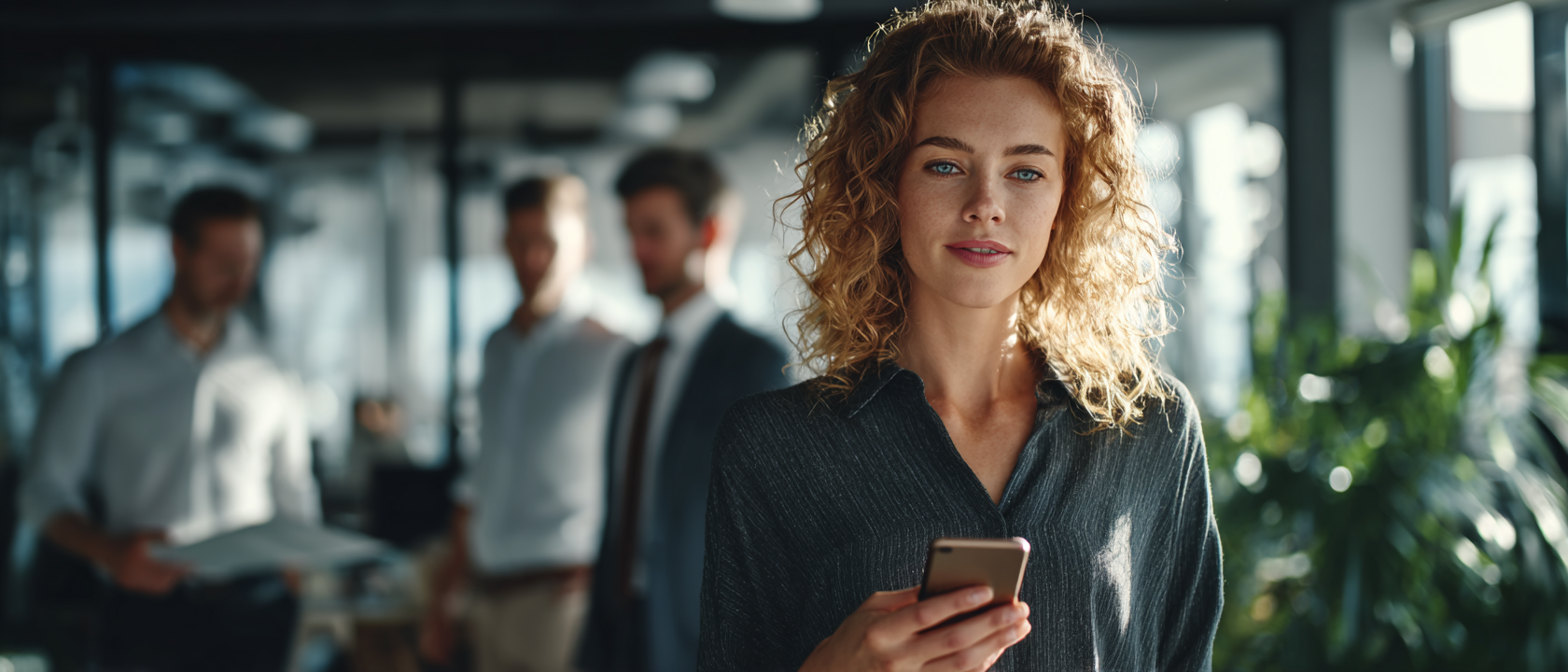 Woman with curly hair holds a phone,