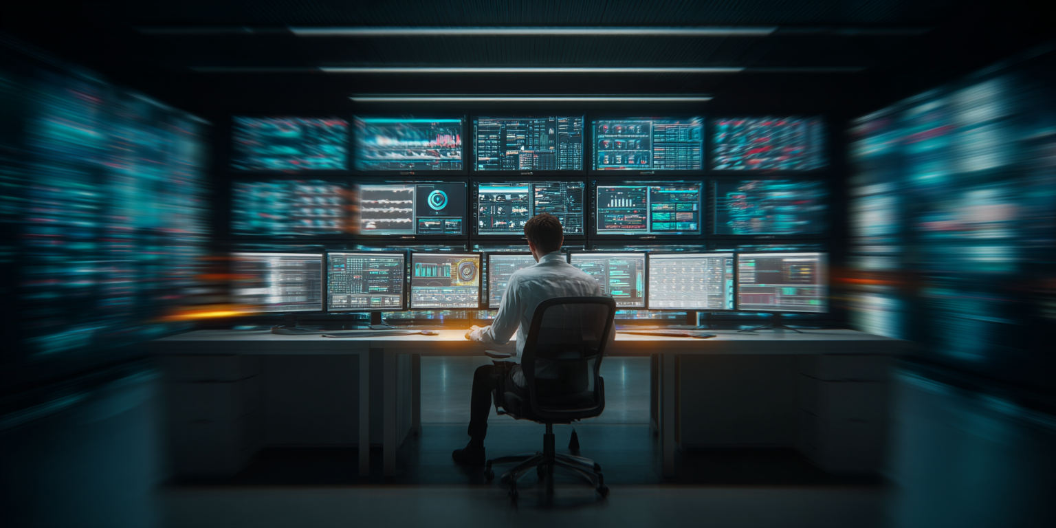 A person sits at a desk in a dark, high-tech control room, facing a wall of monitors displaying complex data.