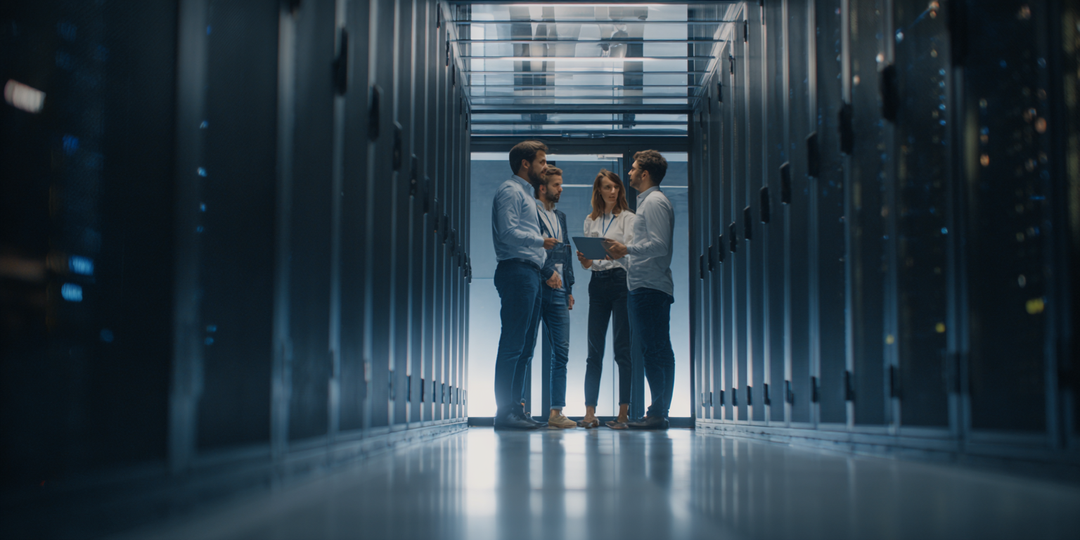 Four professionals in business casual attire stand in a server room aisle, discussing work in front of server racks.