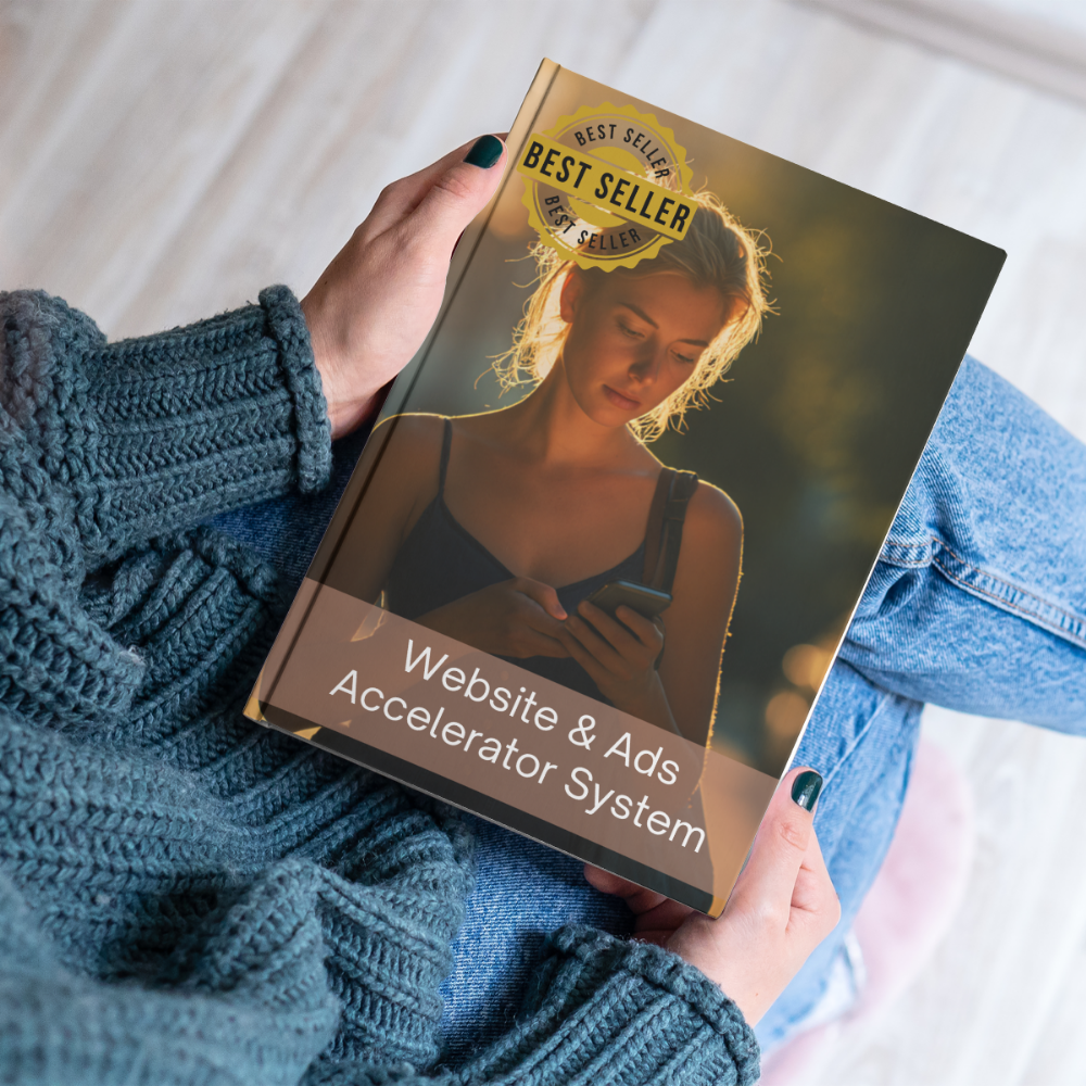 Person wearing a grey sweater holding a book titled "Website & Ads Accelerator System" featuring a woman on the cover.