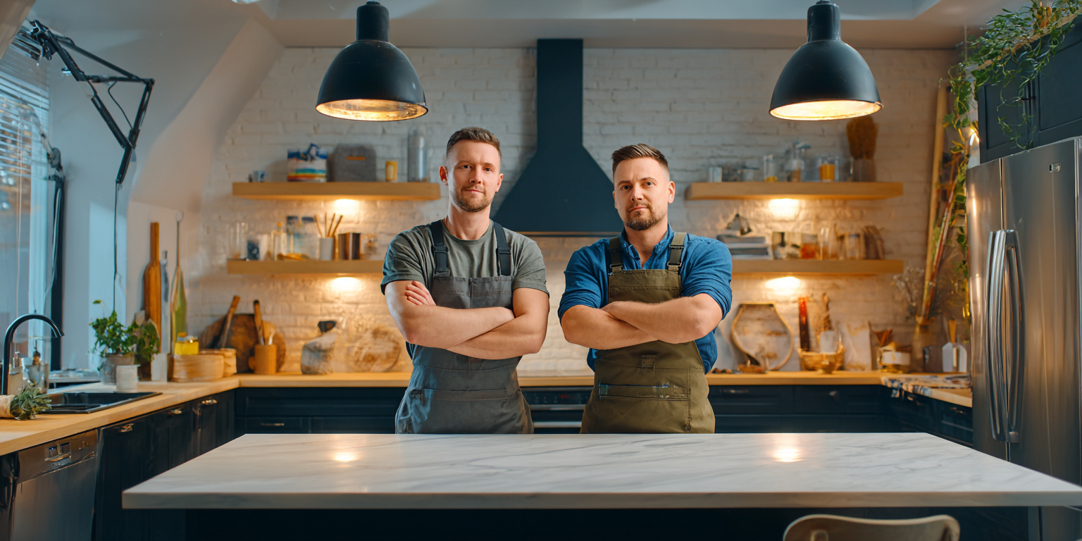Two professionals in aprons stand with arms crossed behind a marble kitchen island in a modern, well-lit kitchen.