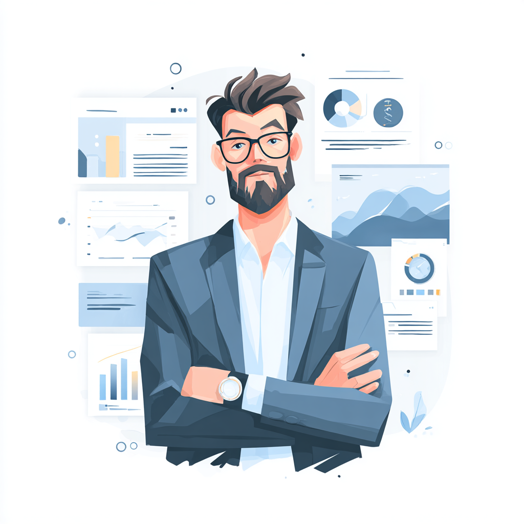 Man with glasses and beard in suit, arms crossed, in front of data charts.