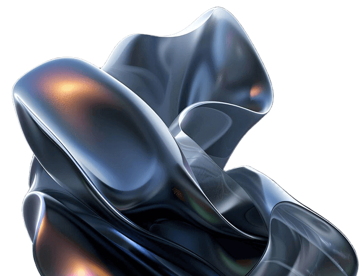 Glossy, fluid, metallic-blue sculptural form against a white background; highlights and reflections.