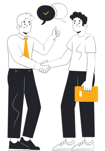 Two men shaking hands, one giving a thumbs up. Dialogue bubbles with checkmark.