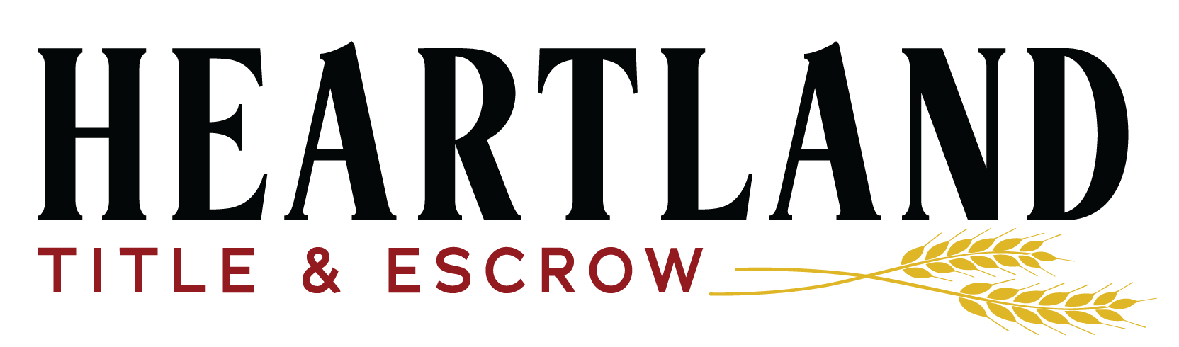 A logo for heartland title and escrow with an arrow and wheat.