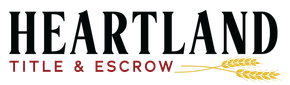 A logo for heartland title and escrow with an arrow and wheat.