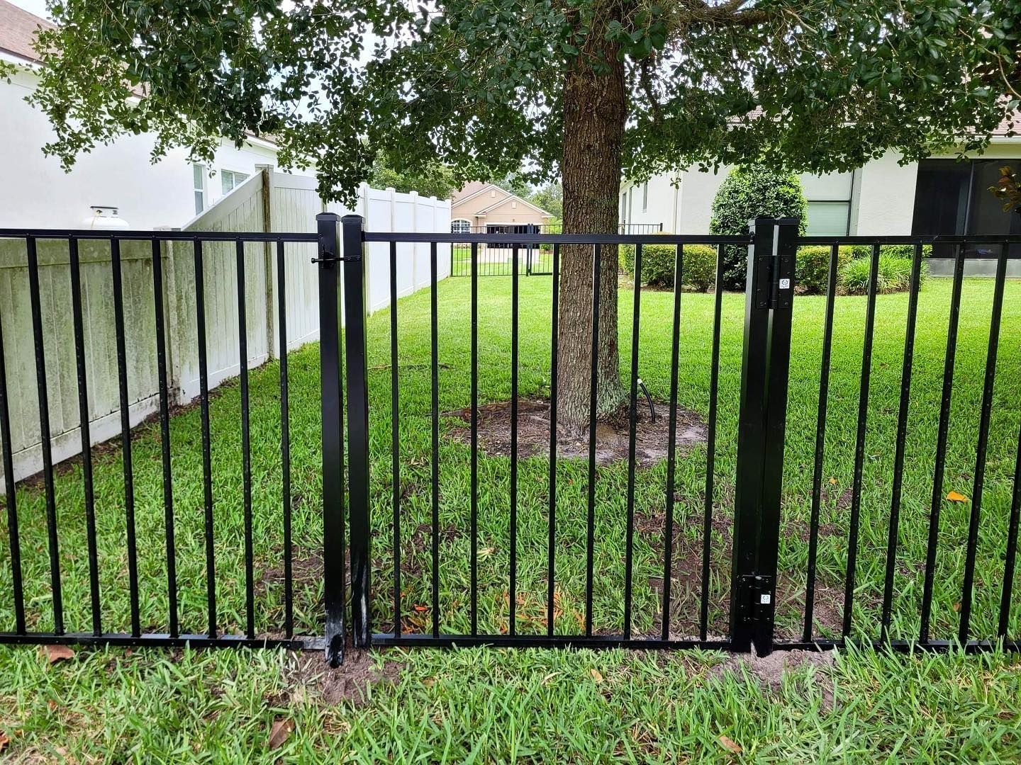 A black fence with a gate in a backyard with a tree in the background.