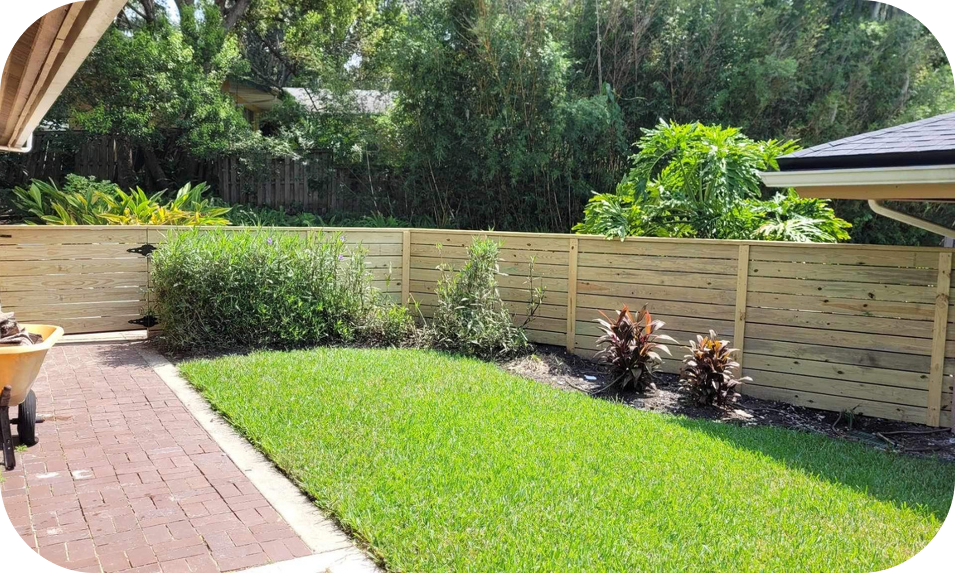 A wooden fence surrounds a lush green lawn in a backyard.