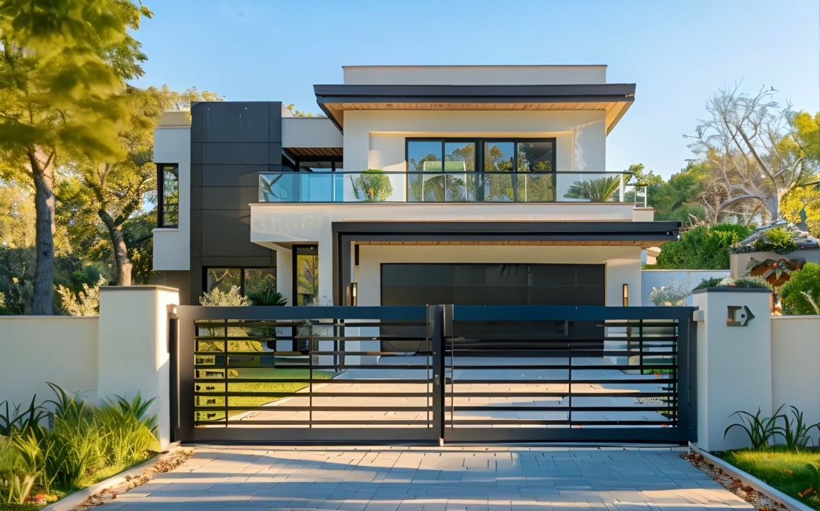 A modern house with a sliding gate in front of it.