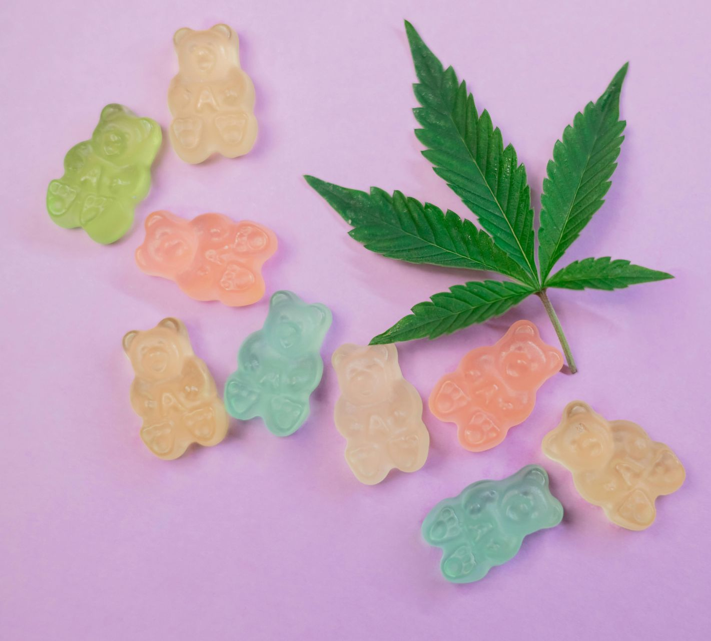 Gummy bears in various colors and a cannabis leaf on a pink background.