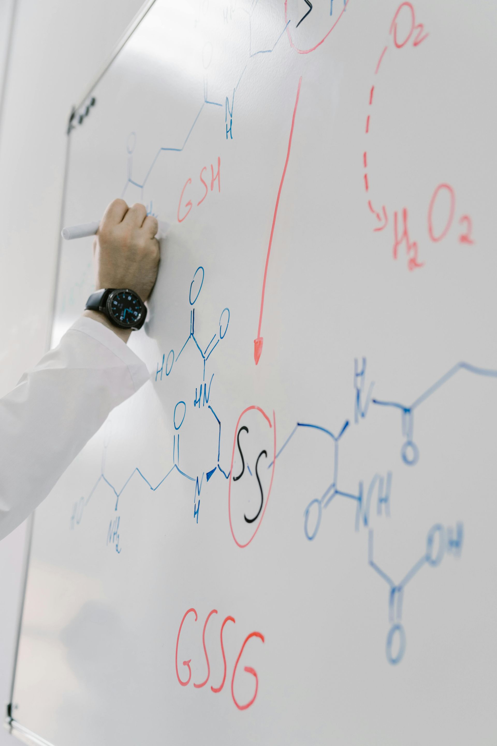 Person in lab coat drawing chemical formulas on a whiteboard with red and blue markers.