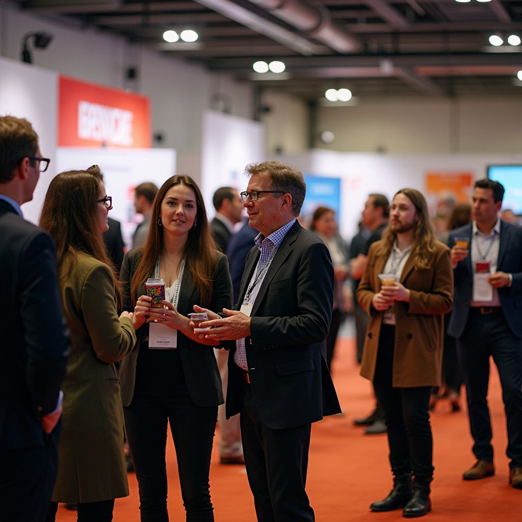 People networking at a conference, standing on red carpet; some are talking, holding drinks.