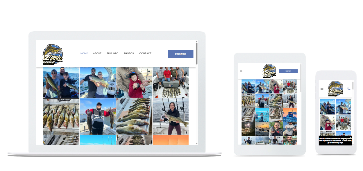 Screenshots of a website on laptop, tablet, and phone, displaying a grid of fishing photos.